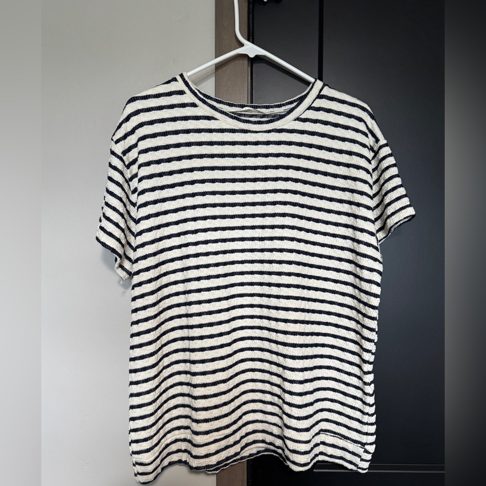 Navy blue and cream striped shirt, soft material, size is 2XL. Great condition